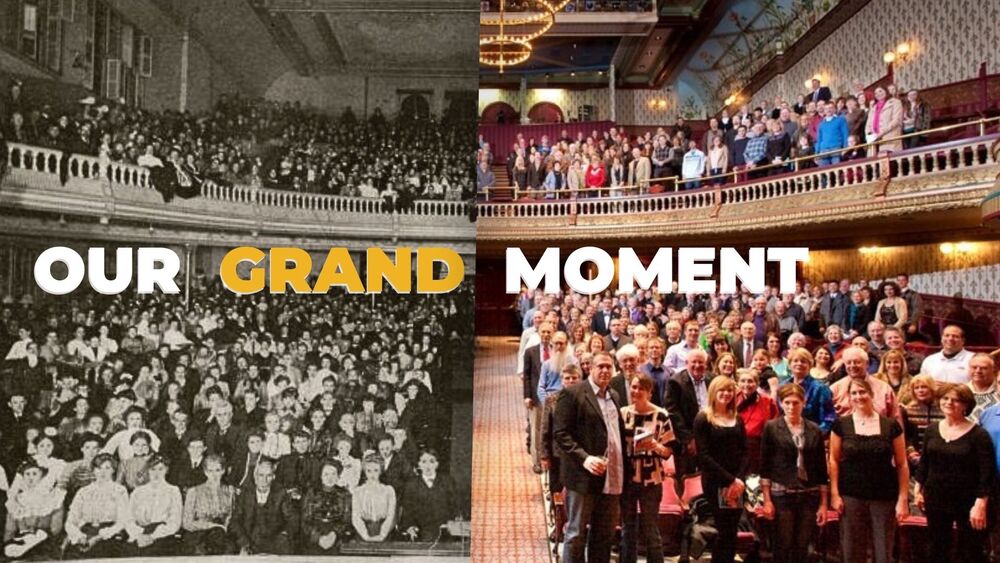 Image of The Grand Oshkosh crowd in black and white and color with text overlay "Our Grand Moment"
